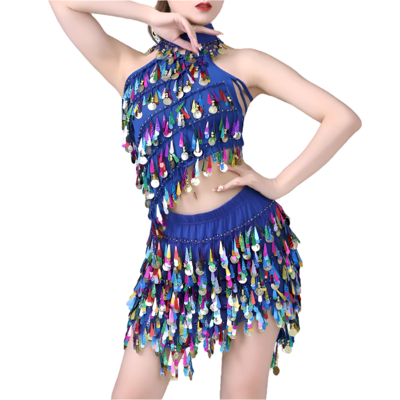 sequin coin tassel Latin dance set with fringe top and skirt for professional resort performances