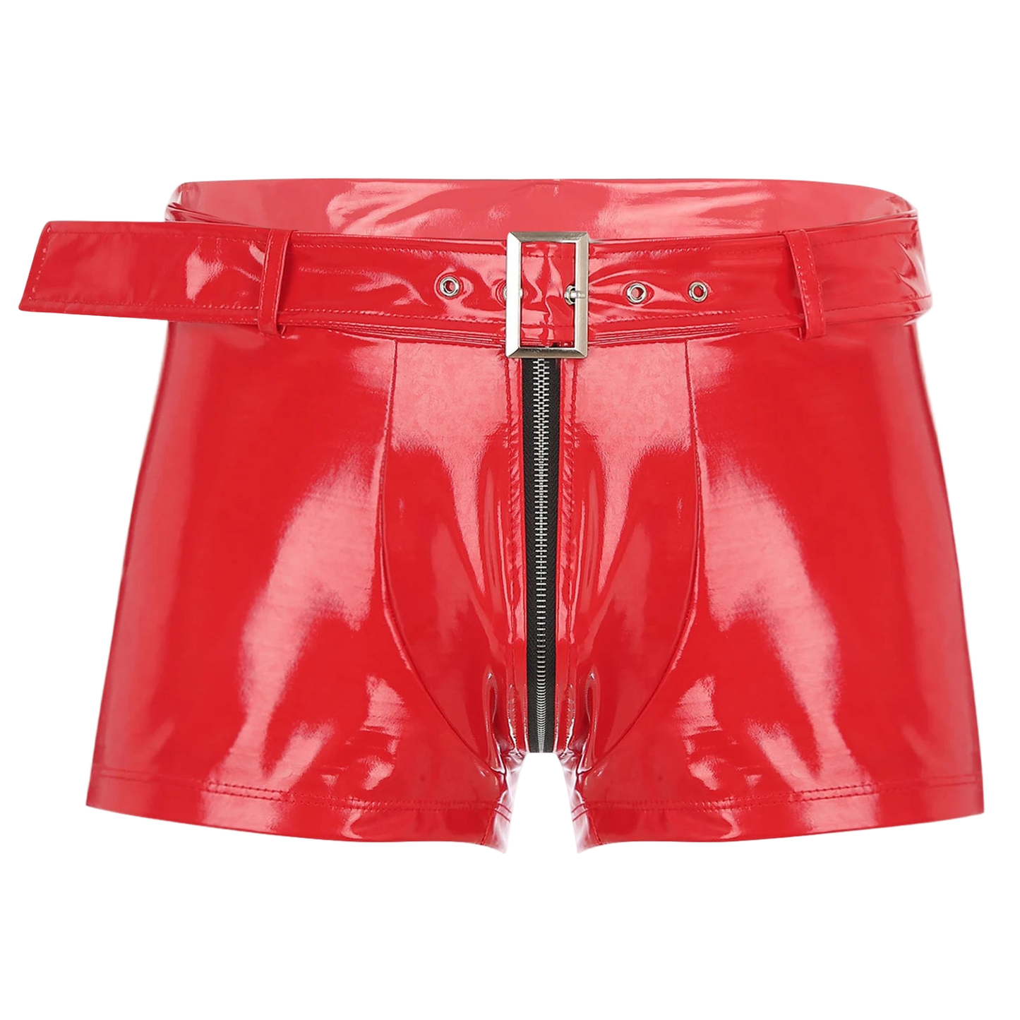 Red vinyl shorts with a belt and zipper on a white background