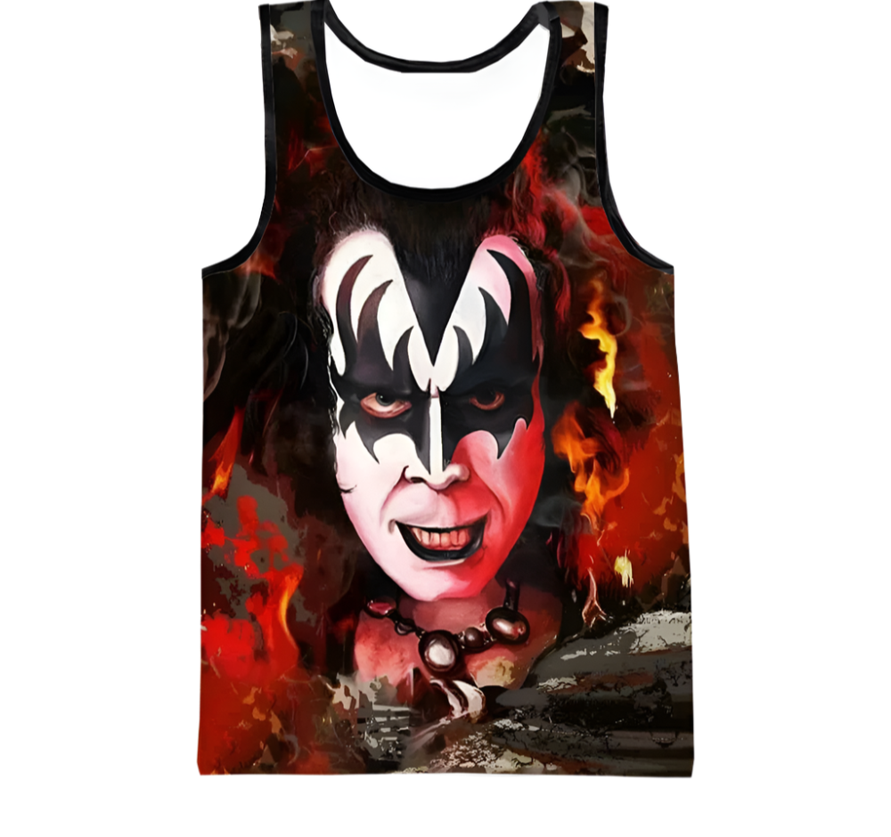 Tank top with a graphic design of a face with white makeup on a fiery background