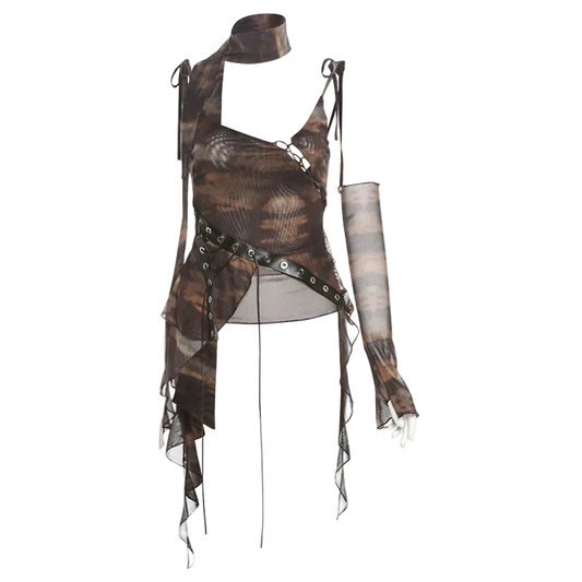 A brown and black patterned sleeveless top with asymmetrical lace-up details, a matching choker collar, and a long matching arm sleeve, displayed on a headless mannequin against a white background.