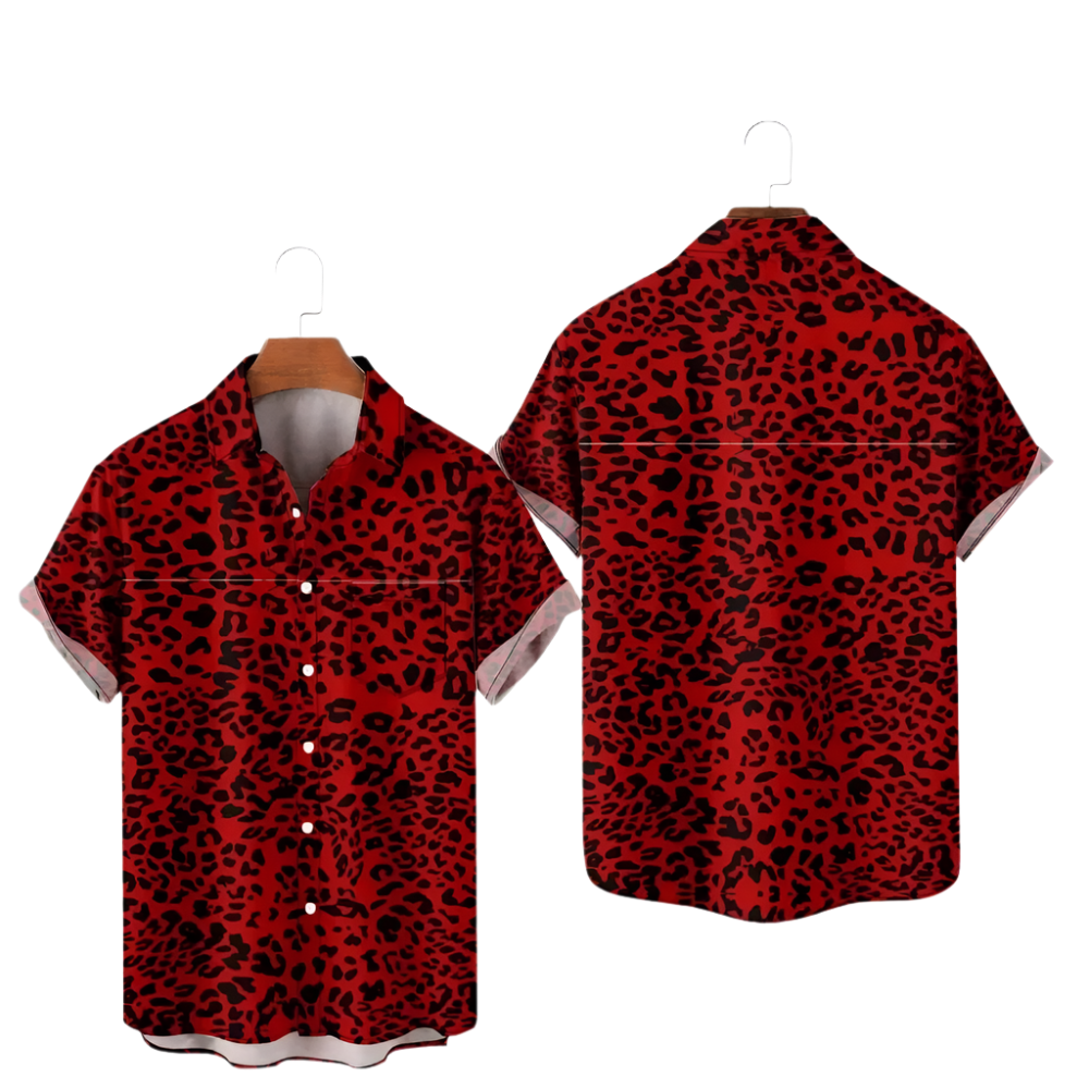 Premium 3D Leopard Print Hawaiian T-shirt featuring comfortable fit and tropical design, available in plus sizes for resort beach wear