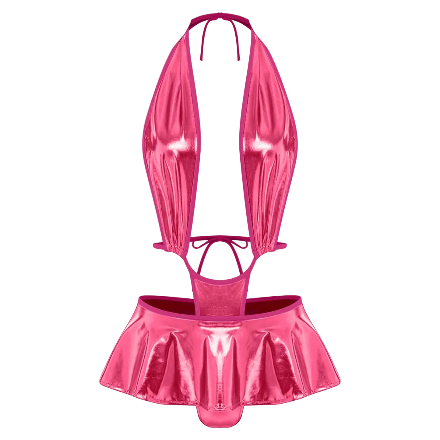A shiny metallic pink two-piece swimsuit with a halter top and a ruffled mini skirt, shown against a plain white background.