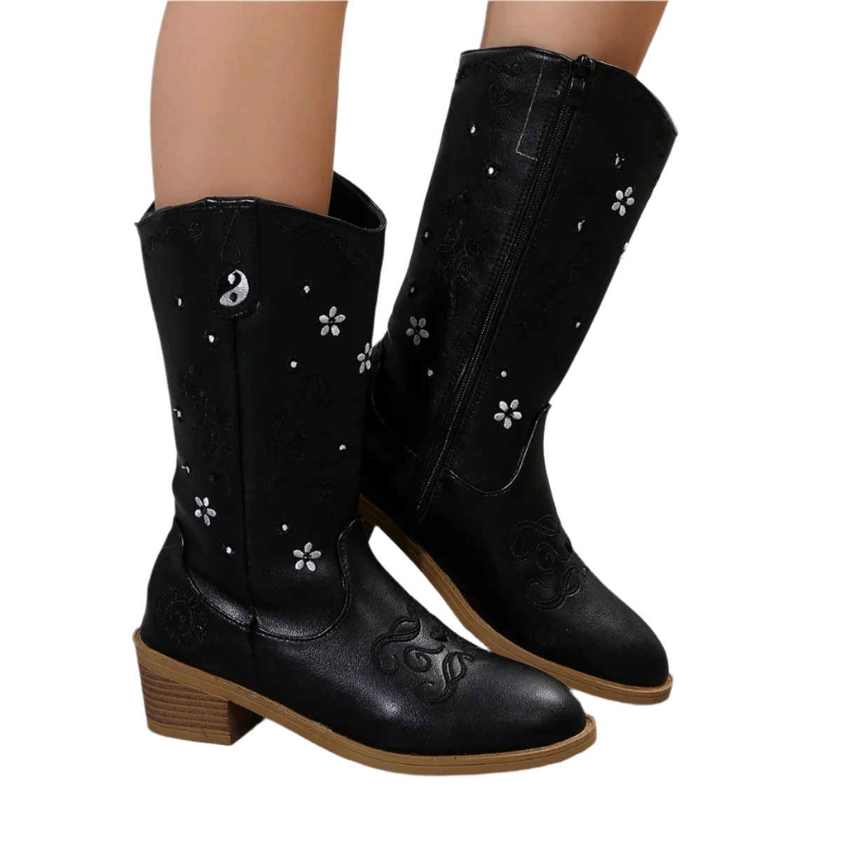 Flower decorated pointed toe knee boots with side zip and square heels in big size 43 perfect for winter resort wear and theme nights