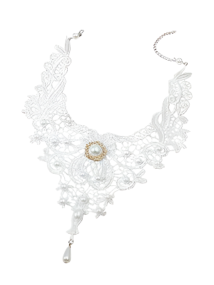 White lace necklace with a pearl-like center on a white background