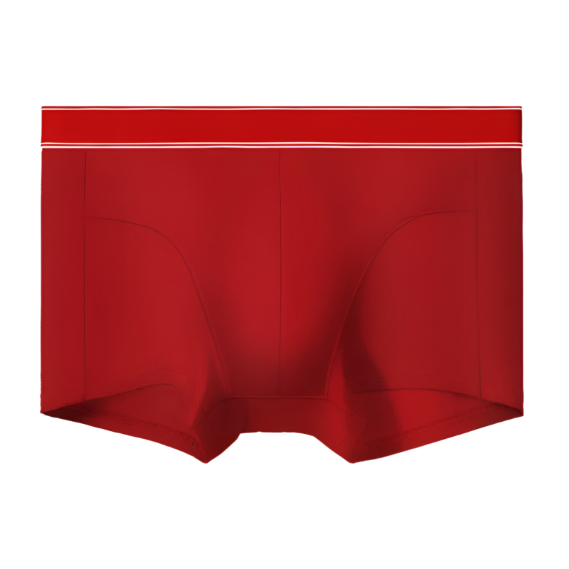 Red boxer briefs with a white waistband on a white background