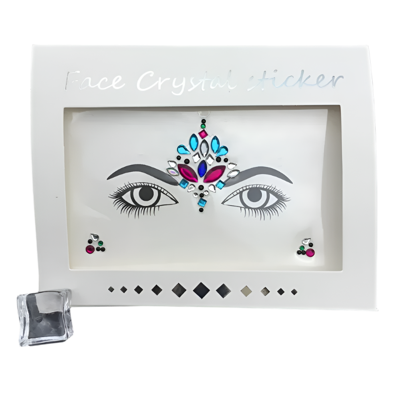 A face crystal sticker set designed to accentuate the eyes. It features iridescent crystals in various shapes and sizes, perfect for adding sparkle to a festival or party look.