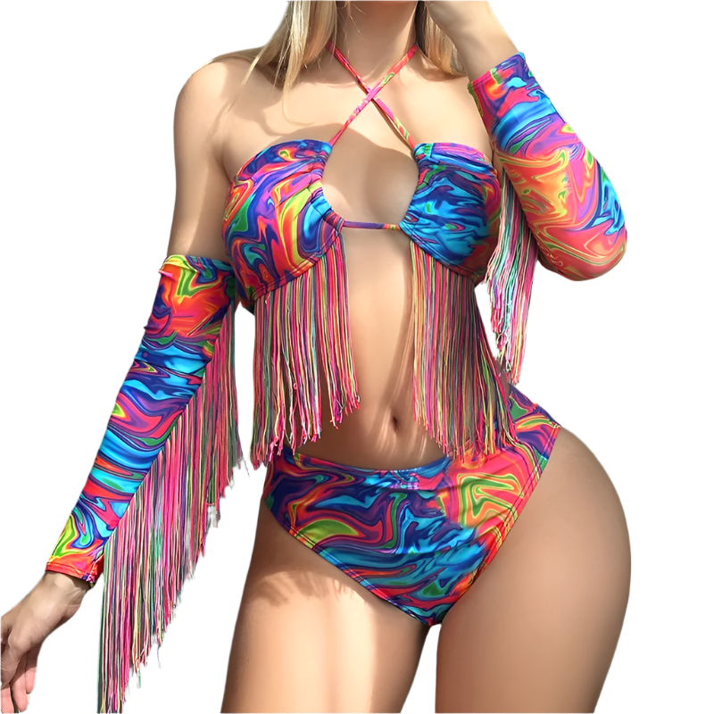 cyber bikini set with sleeve tassels for alternative themed resort swimwear and cosplay events