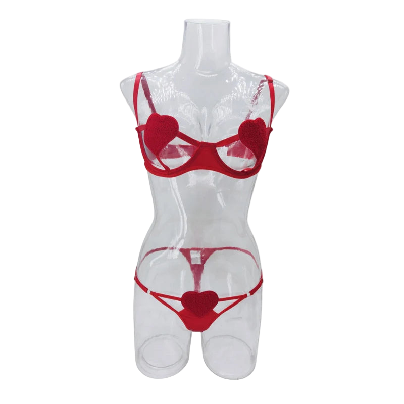 Red heart-themed lingerie set on a mannequin against a white background