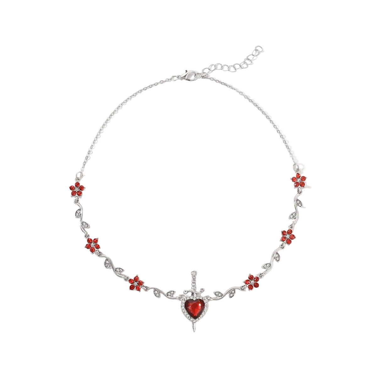 Silver necklace with red heart pendant and flower-like elements on a white background