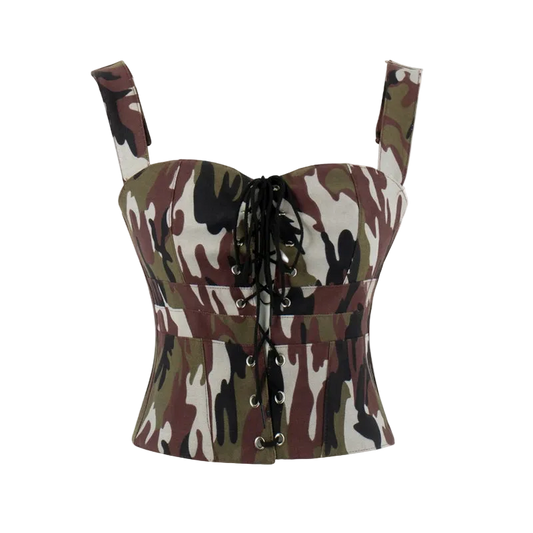 A camouflage corset bustier top with adjustable shoulder straps, a sweetheart neckline, and front lace-up detailing, shown against a plain white background.