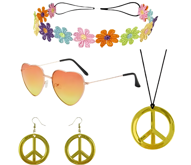 Hippie costume set with rainbow peace sign and flower crown accessories
