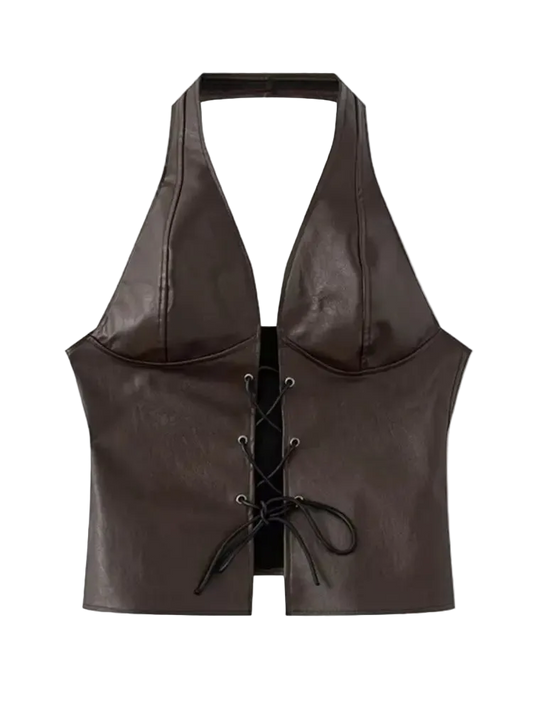 Brown leather halter top with lace-up front on a white background