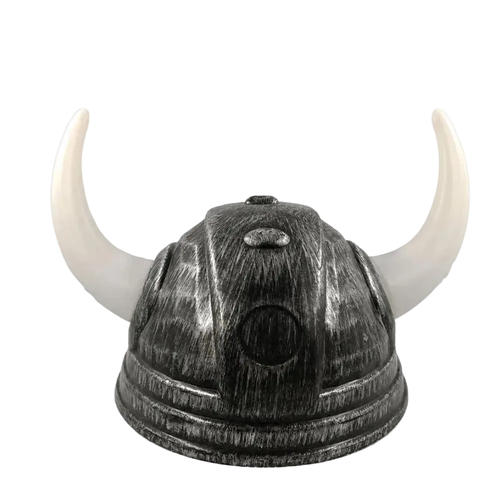 A Viking-style horned helmet with a distressed black and gray metallic finish and curved white horns, shown against a plain white background.
