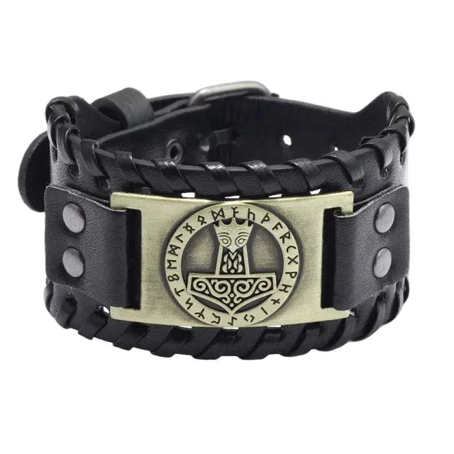 Black leather bracelet with a metallic clasp featuringRunes on a white background