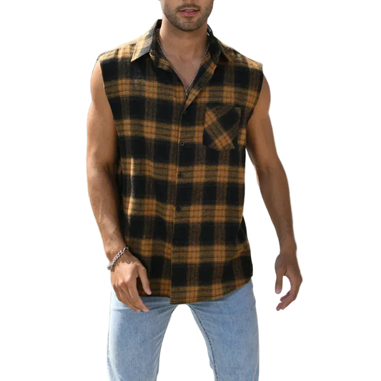 Man wearing a sleeveless plaid shirt in an outdoor setting