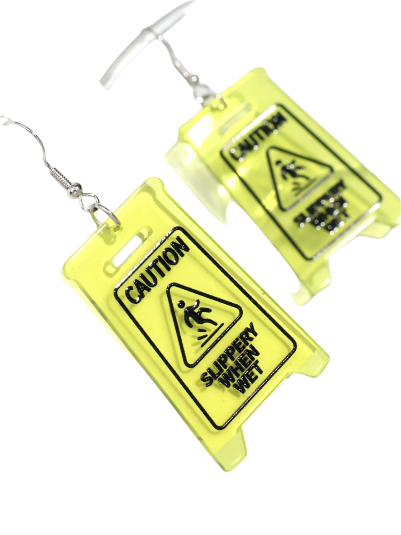 Neon caution slippery when wet sign acrylic earrings for pool parties