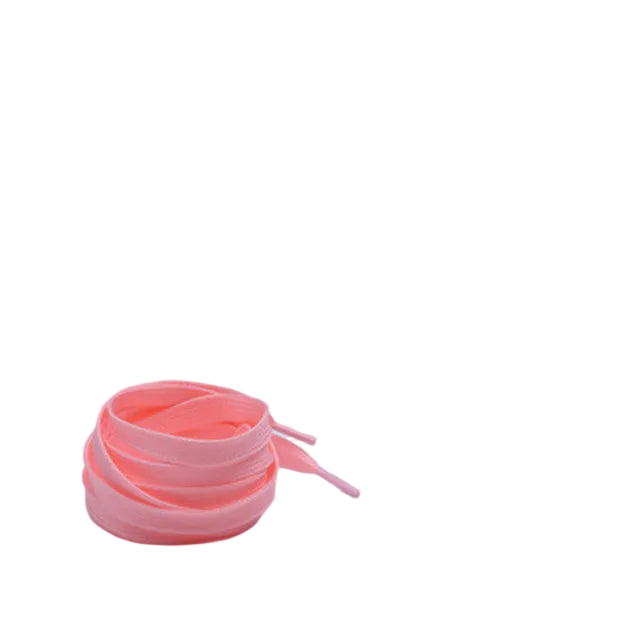 Pink shoelaces on a white surface with a black background featuring a brand logo.