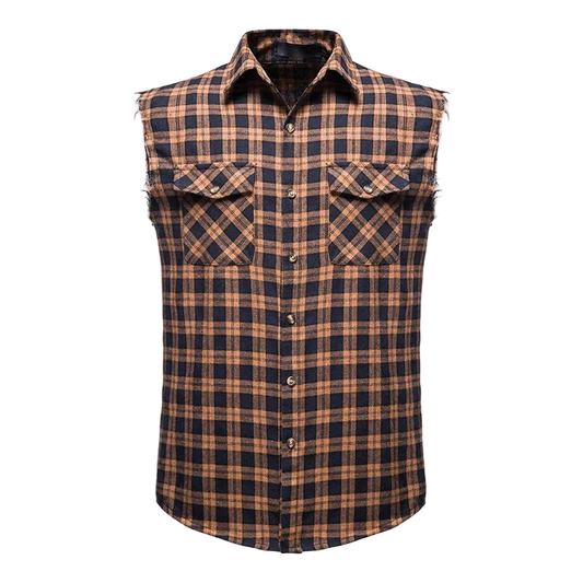 A men's sleeveless plaid button-up shirt in a brown and navy check pattern, featuring two buttoned chest pockets with frayed edges,