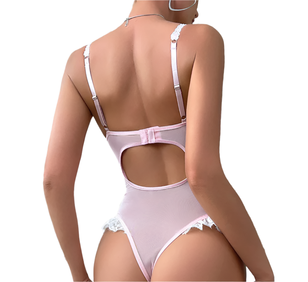 Luxury lace patchwork bodysuit with see-through details for resort wear