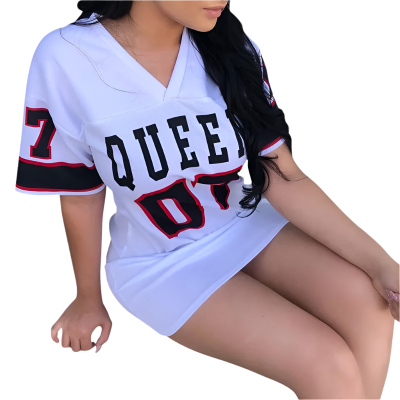 cotton linen letter bodycon dress with short sleeve V-neck and basketball jersey styling for summer resort casual wear