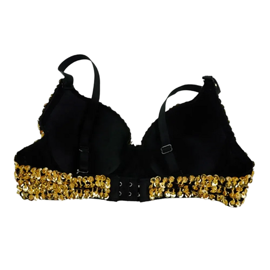 A black bra with gold sequined trim along the underband, shown against a plain white background.