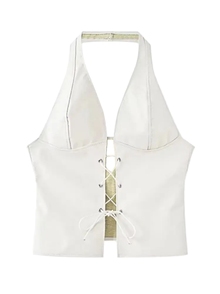White halter top with lace-up front on a white background