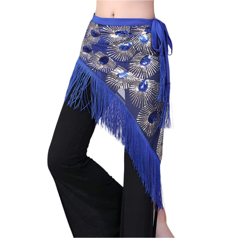 bling tassel belly dance hip scarf with wrap styling for dance lessons and resort performance wear