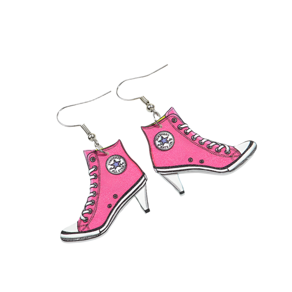 Y2K-inspired pink acrylic earrings with gaming motifs and vintage heart bear design