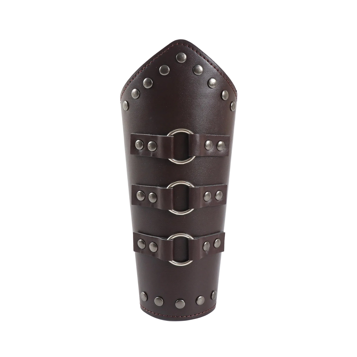 Brown leather bracer with metal buckles and studs on a white background