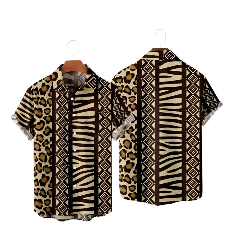 Oversized Hawaiian Leopard Print T-shirt with lapel design, available up to 4XL for comfortable resort party wear