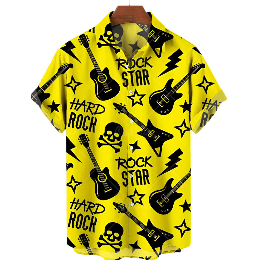 Yellow shirt with black rock-themed graphics on a white background
