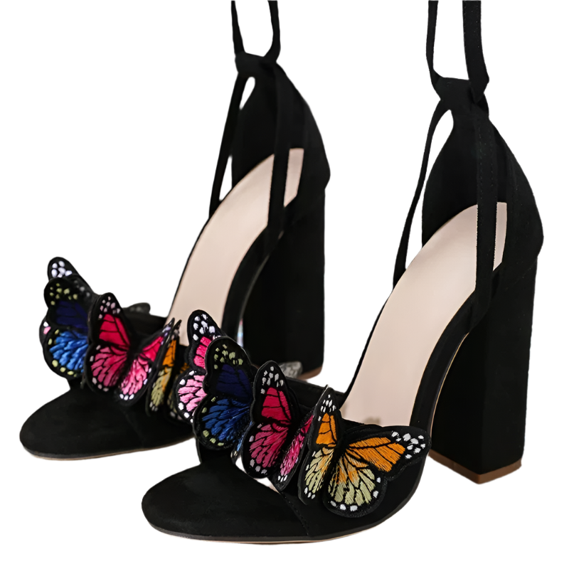 White open toe sandals with handwork butterfly embroidery and lace-up high heels perfect for resort party dress occasions and wedding events