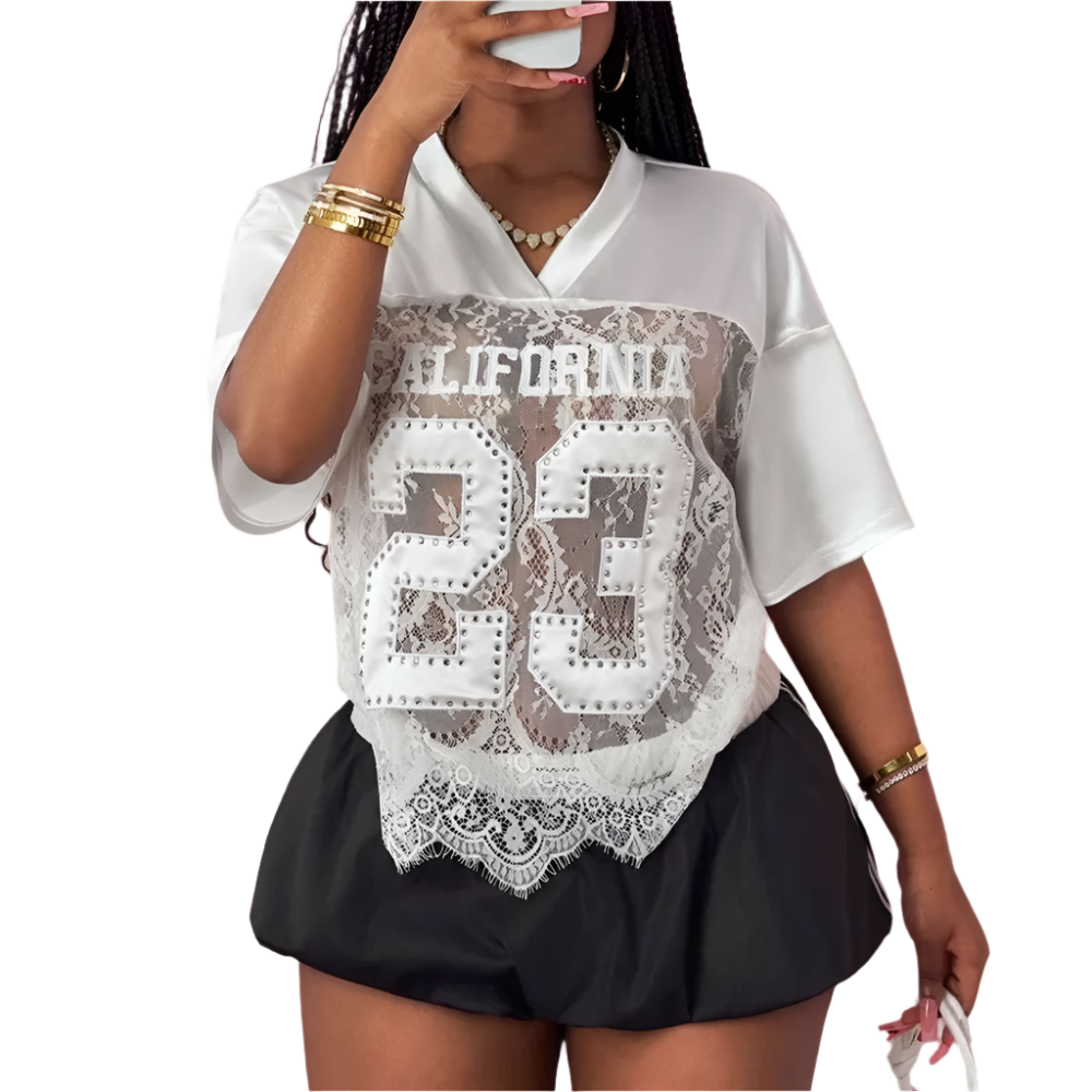 letter stitching lace loose t-shirt with round neck short sleeve and see-through hollow-out design for summer streetwear resort fashion