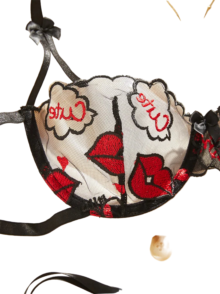Embroidered lingerie with red lips and 'Cute' text on a beige background