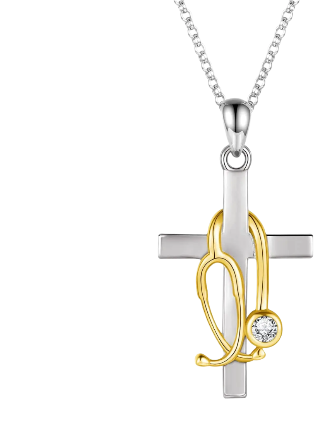 Silver and gold cross pendant with a diamond on a white background