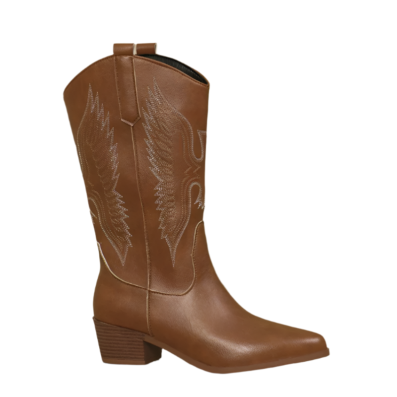 Brown cowboy boot with intricate designs on a beige background