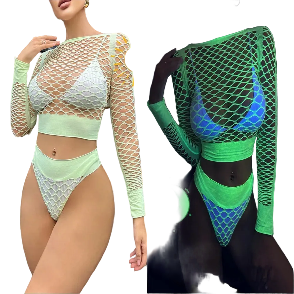 A split view of a woman modeling a two-piece swimwear set. The left side shows the set in daylight with a pale mint green mesh long-sleeve crop top and matching bikini bottom over a white bikini top.