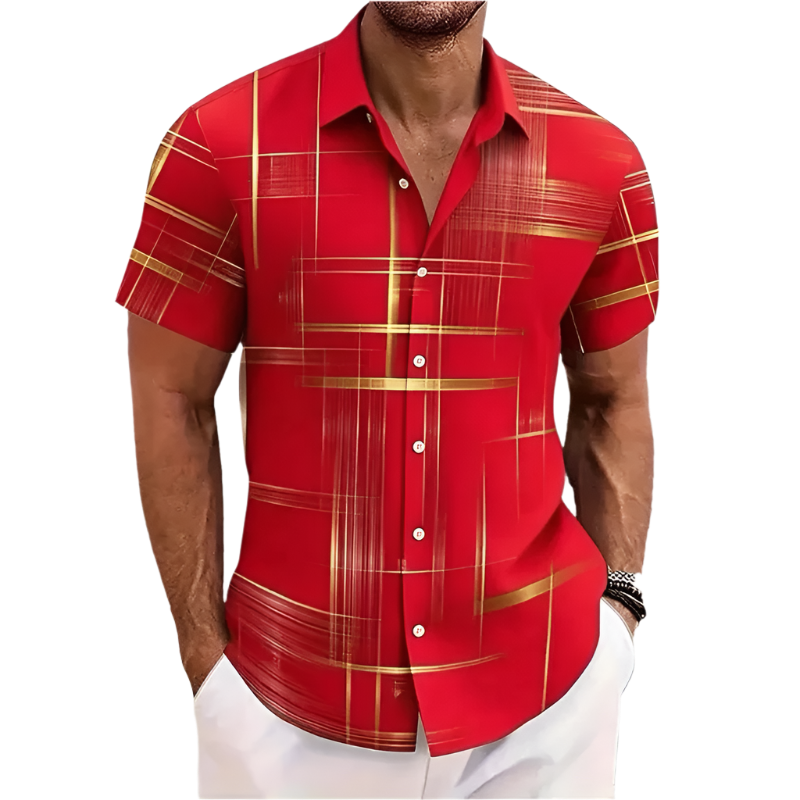 Red and gold checkered shirt worn by a person on a plain background