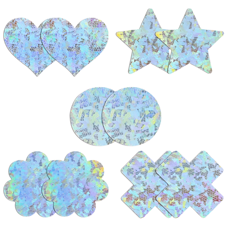 Collection of holographic pastel stickers in various shapes - hearts, stars, circles, flowers, and X shapes. The stickers feature an iridescent finish that creates a rainbow effect when catching light.