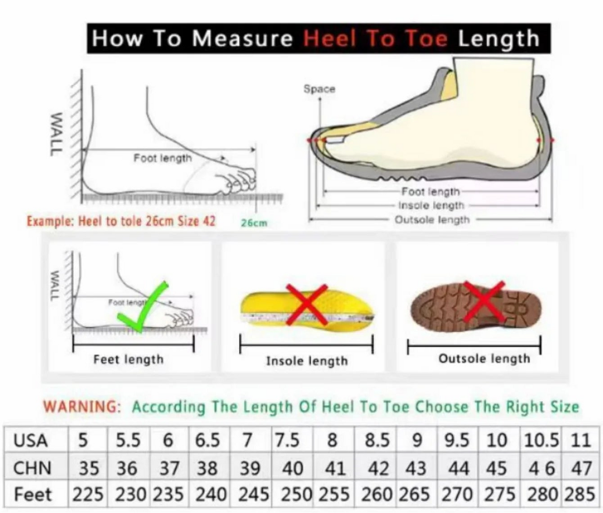 Product information sheet for shoes with measurement guide and contact details.