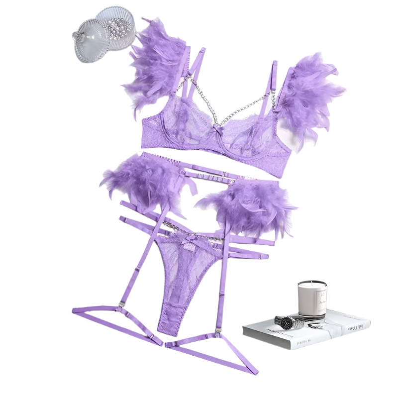 Luxury 4-piece lingerie set with feathers, chains, and mesh details including garters