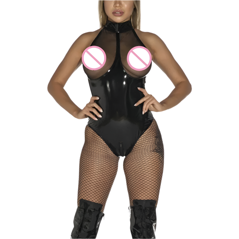 Person wearing a black bodysuit with fishnet stockings and high boots on a white background