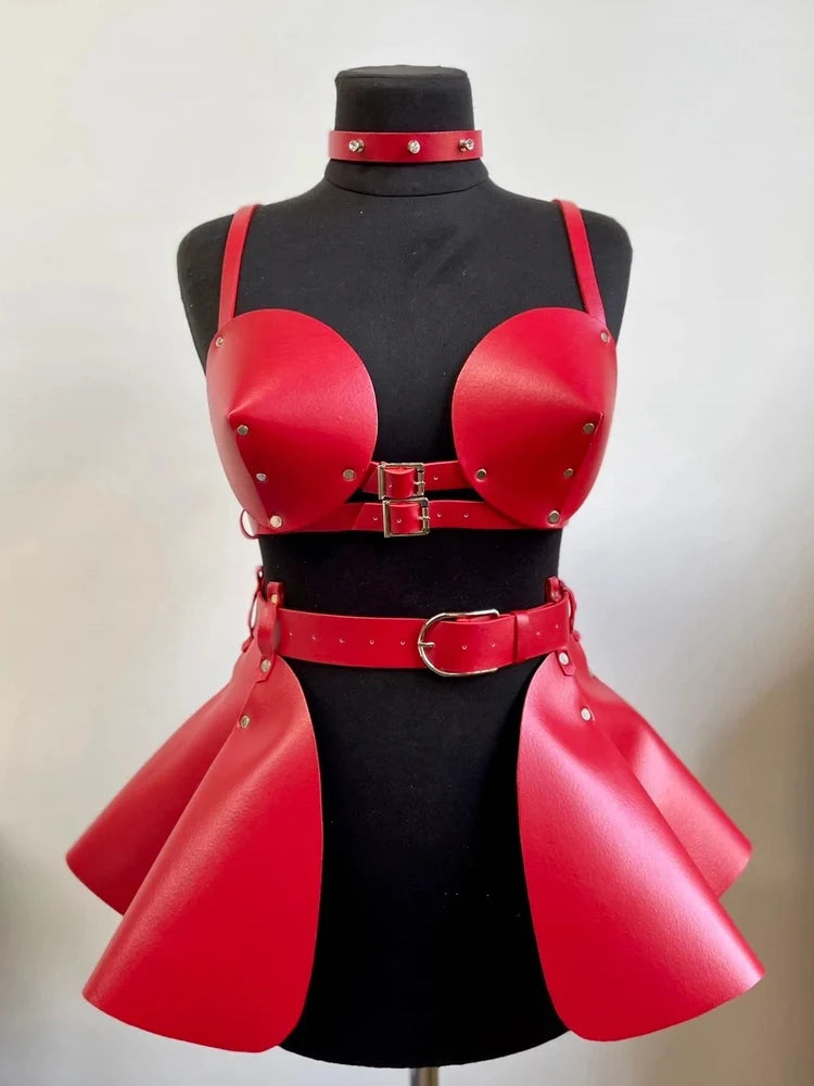Women's Pu Leather Strap Bra Space Costume Singer Cosplay Space Suspenders Gothic Ruffle Suspenders Holographic Leather Outfit