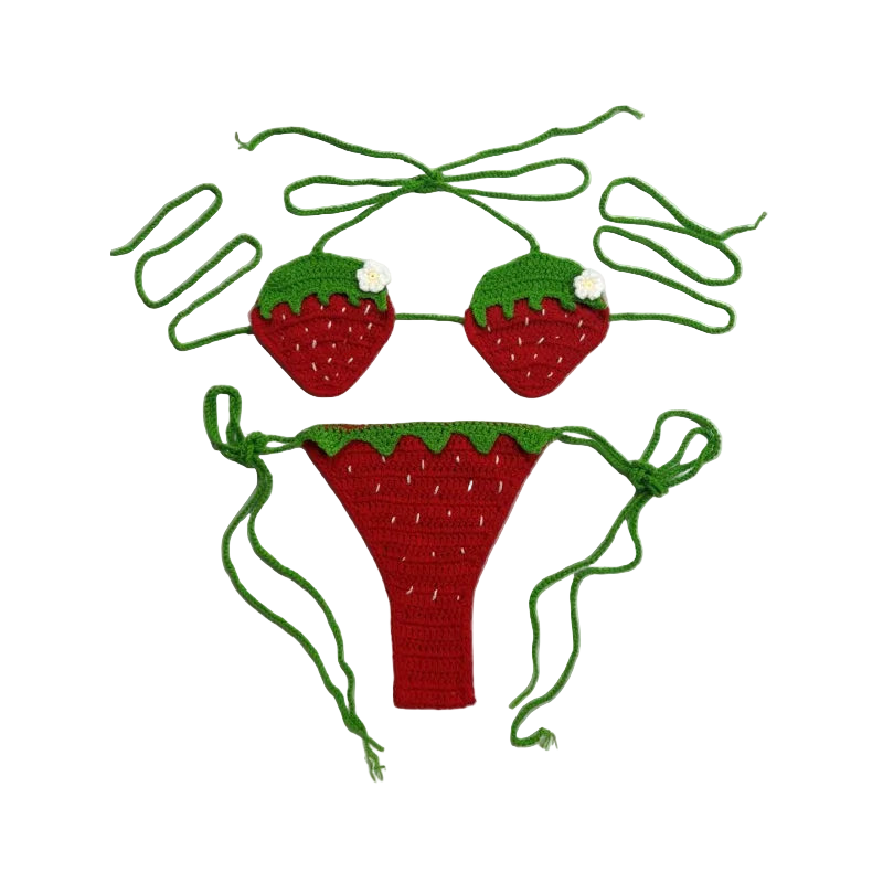 Crocheted strawberry-themed bikini set on a white background