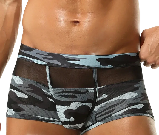 Men's boxer briefs with a gray, black, and light blue camouflage pattern and a sheer mesh front panel, shown on a male model against a white background.