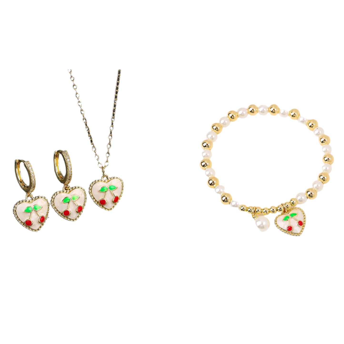 Jewelry set with heart-shaped earrings, necklace, and bracelet on a black and white background