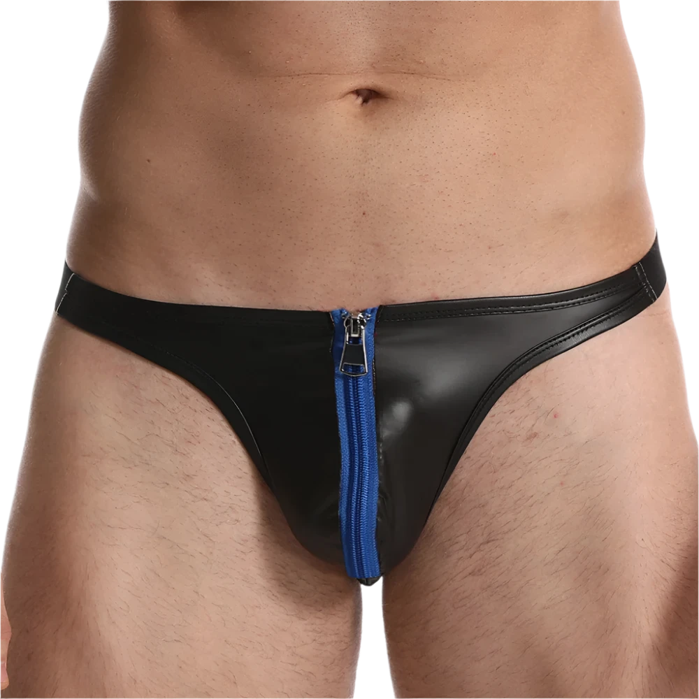 Black leather thong with a front zipper detail in blue