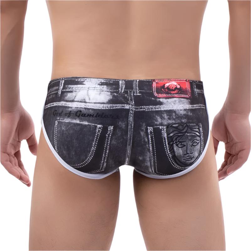 Men's printed seamless bugle pouch briefs with faux denim bikini slip design for comfortable resort underwear