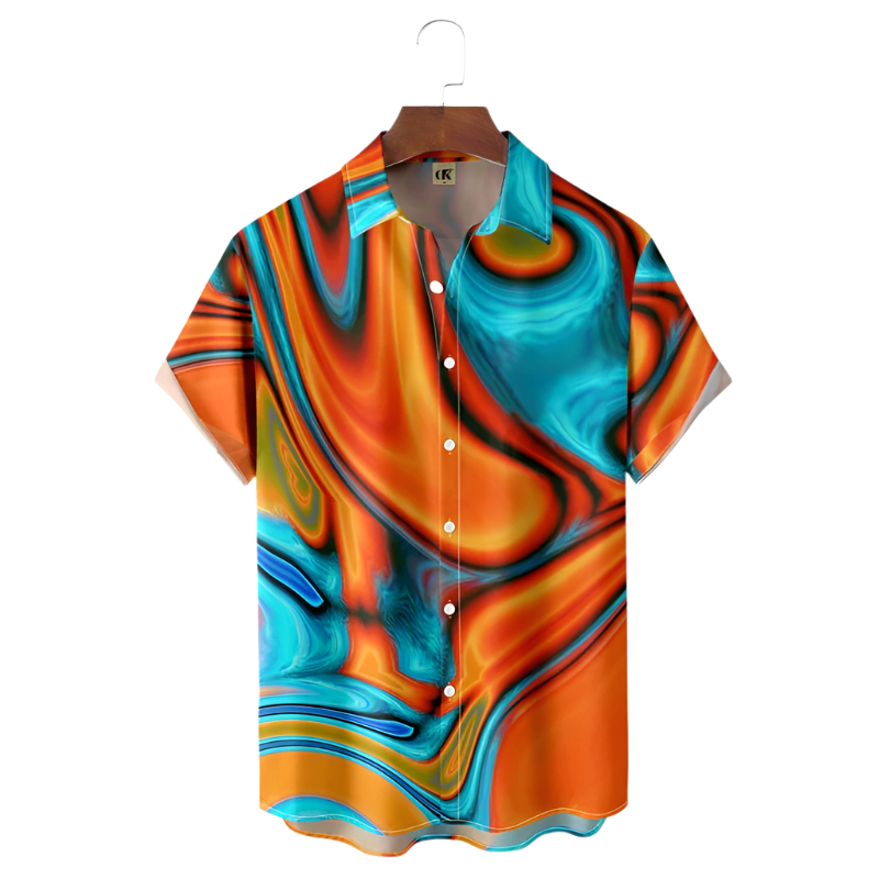 Colorful shirt with abstract design on a hanger against a white background