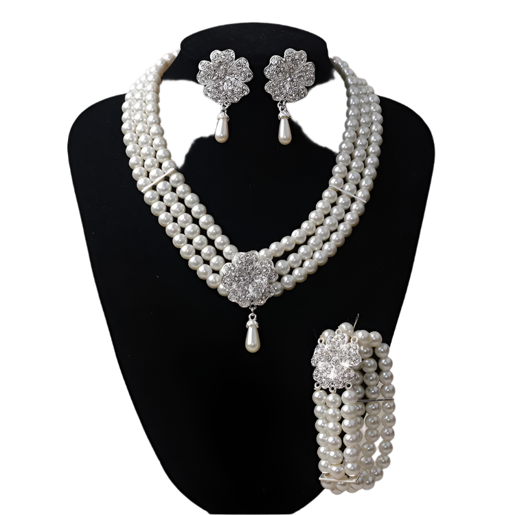 Luxury pearl and rhinestone jewelry set combining flapper and Audrey Hepburn styles for resort theme nights and bridal events